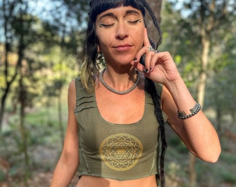 Sacred Geometry Crop Top: Gold Sri Yantra, Meditation Yoga Clothing