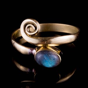 Labradorite gold ring, toe ring, small ring, baby finger ring, spiral knuckle ring, adjustable size, brass indian jewelry, Moonstone, BR05L