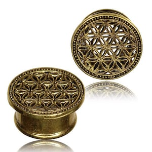 Ear stretcher plug tunnels gauge earrings brass gold flower of life seed sacred geometry yoga boho 000G 9/16 5/8 16mm 14mm 12mm PL04