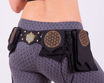 Multi pocket utility belt festival hip bag fanny pack flower of life sacred geometry brass burner playa wear psytrance fashion vegan cotton