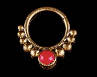 Ethnic Tribal Style Brass Septum Ring, Red Coral Gemstone Hill Tribe Style Jewellery, Alternative Burning Man Fashion Jewellery,Ekeko Crafts