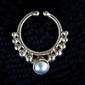Clip on septum ring with pearl stone fake septum ring faux false indian ethnic tribal dotted sterling silver boho burning man SS24