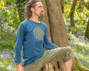 Flower of Life Tshirt, Yoga Clothing, Sacred Geometry Printed Long Sleeve Shirt, Mens Festival Outfit, Ethical, Natural, Sustainable, Cotton