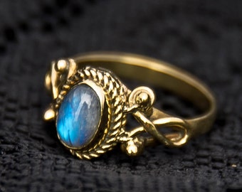Moonstone Boho Ring: Brass Gold Tone Indian Tribal Gemstone