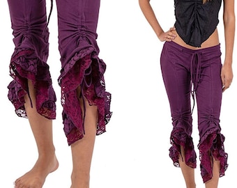 Tribal Style, Fairy Rave Clothing, Goa Pixie Pants, Lace Capris, Hippie Leggings, Boho Festival Wear, Steampunk Trousers, Bohemian Clothes