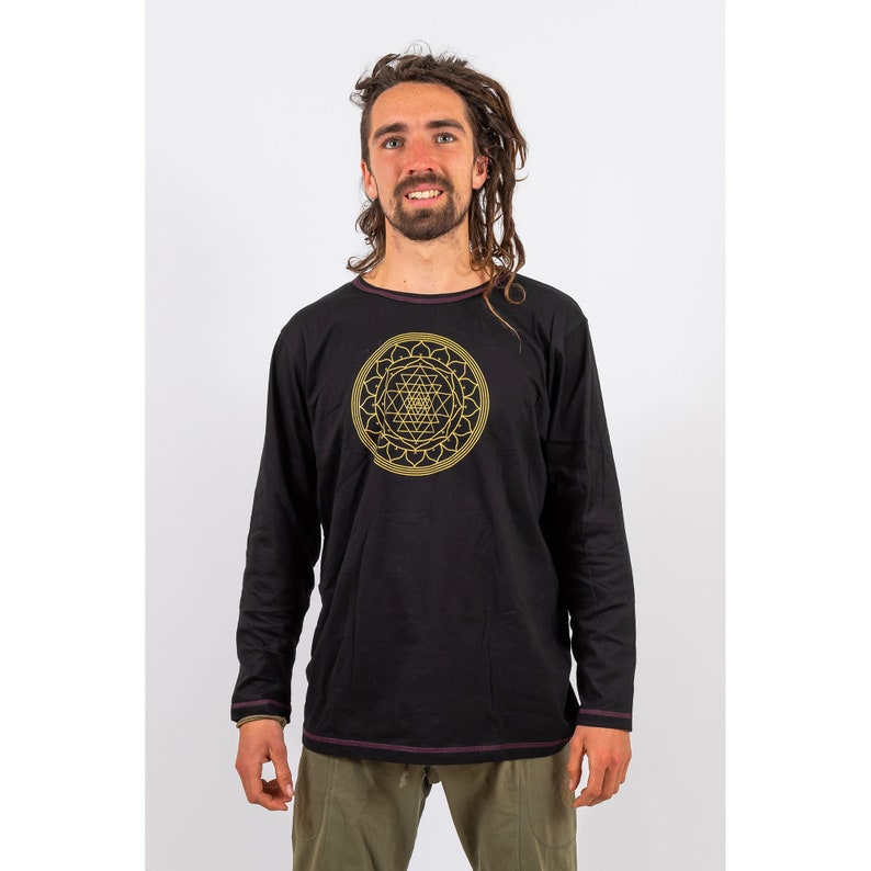 Men's Yoga Shirt: Sri Yantra Sacred Geometry Print, 100% Cotton Black