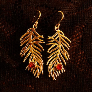 Gold Brass Forest Leaf Earrings: Boho Gemstone Dangle Jewellery