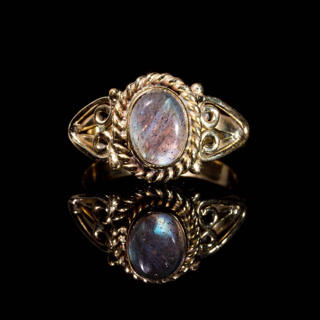 LABRADORITE GOLD TONE Ring Brass Indian Cute Pretty Midi