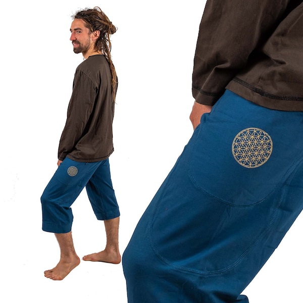 Mens Yoga Pants, Shorts, Joggers, Stretch Natural Trousers for Movement Dance, Flower of Life, Capris, 3/4 Length, Festival Burning Man Wear