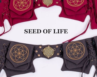 Festival pocket belt, utility belt, sacred geometry flower of life, cotton hip bag with lacing vegan canvas fanny pack bum bag pockets UB5P