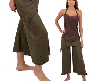Yoga and Dance Clothing, Palazzo Capri Flow Pants, Wide Leg Gaucho Trousers, Pixie Festival Clothes, Skirtbelt, Pointy, Boho 3/4 length crop