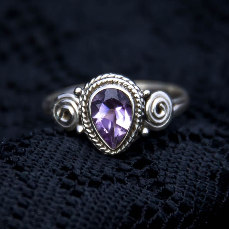 925 Amethyst indian ring bohemian statement tribal solitaire boho india jewelry sterling silver faceted purple amethist spiral design SR7A