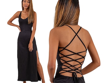 Boho Maxi Slit Dress: Viscose Lace-Up Corset Back