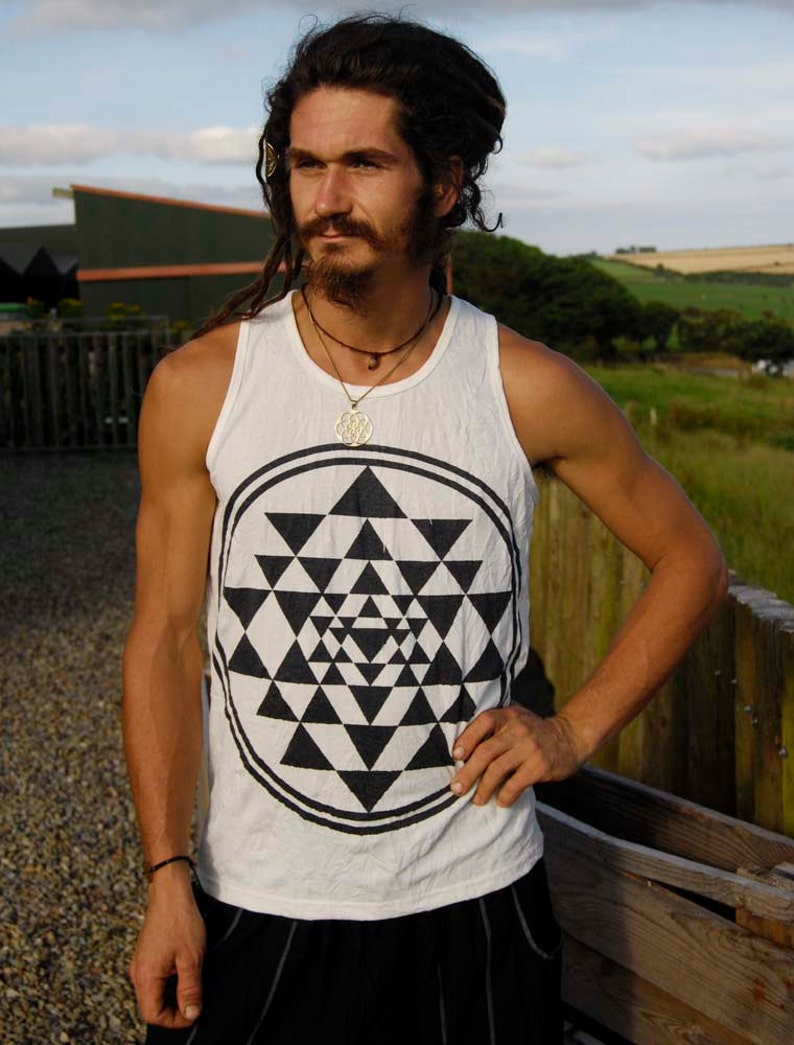 Sri Yantra Yoga shirt for men sacred geometry cotton tank top bohemian mens clothing printed mandala flower of life shirt t-shirt boho MS1S image 3