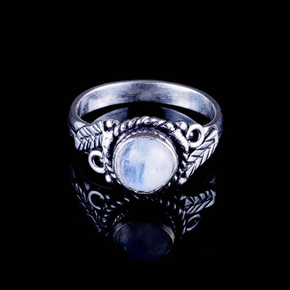 Moonstone Spiral Sides Ring – 925 Sterling Silver Vintage Boho Ring, Tribal Gypsy Style, Sizes 5-9, Gift With Velvet Bag