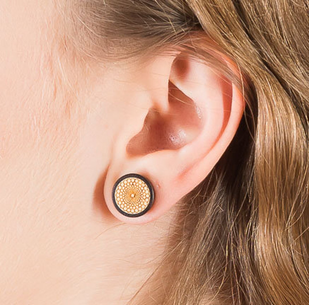 Bohemian Chic Sacred Geometry Wooden Ear Plugs, Ethnic Hill Tribe Woodland Hippy Costume