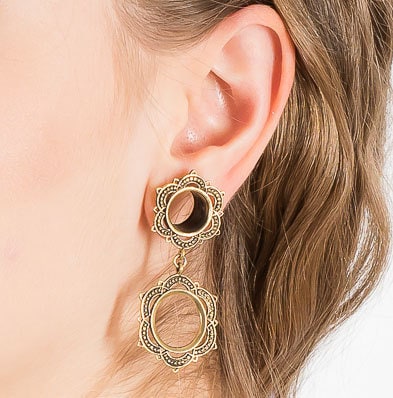 ear tunnel plug gauge earrings mandala tribal brass gold dangle extra ring ethnic 4mm 6mm 8mm 10mm 12mm 6g 2g 0g 00g 000g PL6