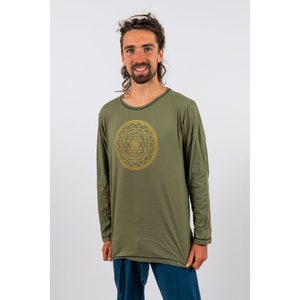 Men's Yoga Shirt: Sri Yantra Sacred Geometry Print, 100% Cotton Green