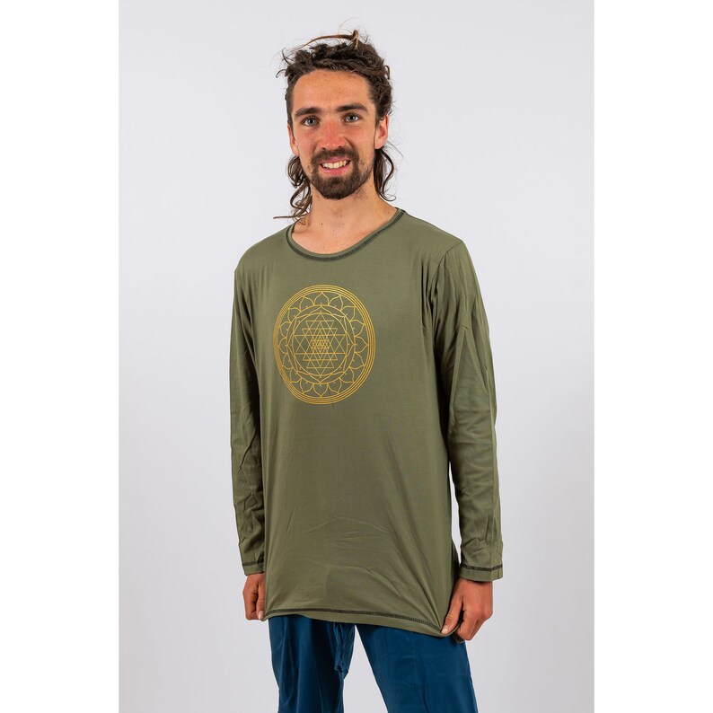 Men's Yoga Shirt: Sri Yantra Sacred Geometry Print, 100% Cotton Green