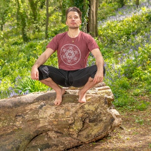 K&ouml;nnte beinhalten: Ein Mann in einem maroonfarbenen T-Shirt mit einem wei&szlig;en geometrischen Muster sitzt im Schneidersitz auf einem gro&szlig;en Baumstamm in einer Waldlandschaft. Der Waldboden ist mit blauen Glockenblumen bedeckt.