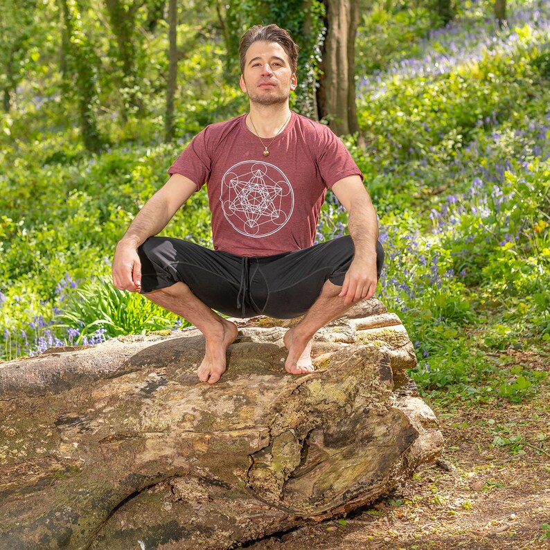 K&ouml;nnte beinhalten: Ein Mann in einem maroonfarbenen T-Shirt mit einem wei&szlig;en geometrischen Muster sitzt im Schneidersitz auf einem gro&szlig;en Baumstamm in einer Waldlandschaft. Der Waldboden ist mit blauen Glockenblumen bedeckt.