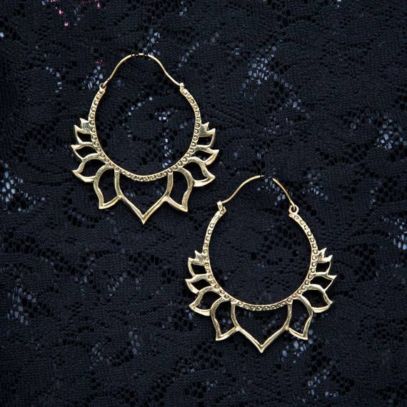 Gold Lotus Hoop earrings brass indian flower petals mandala round large  hoops ethnic boho indian gypsy festival burning man bohemian BE63
