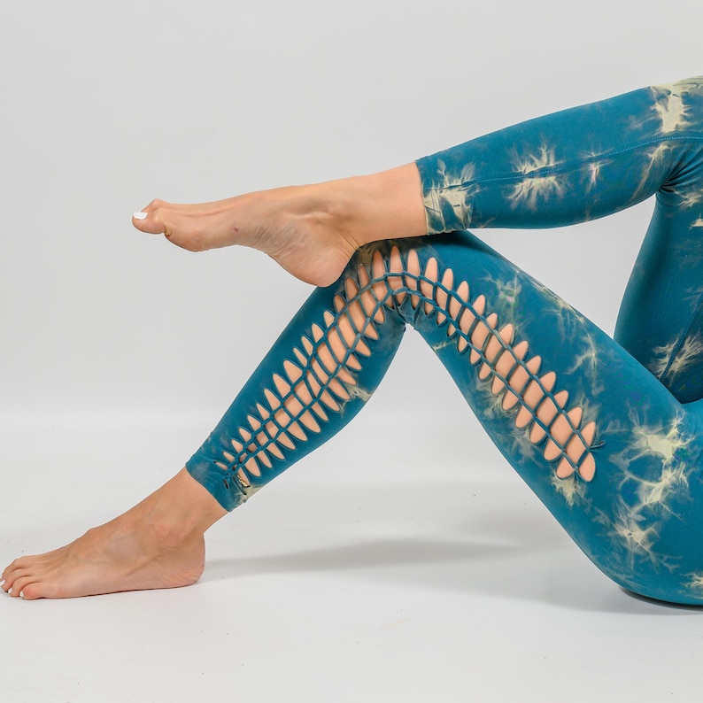 Braided Tie-Dye Yoga Leggings: Hippie Festival Slit Weave Outfit Blue