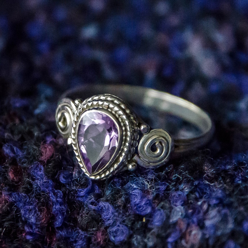 925 Amethyst indian ring bohemian statement tribal solitaire boho india jewelry sterling silver faceted purple amethist spiral design SR7A