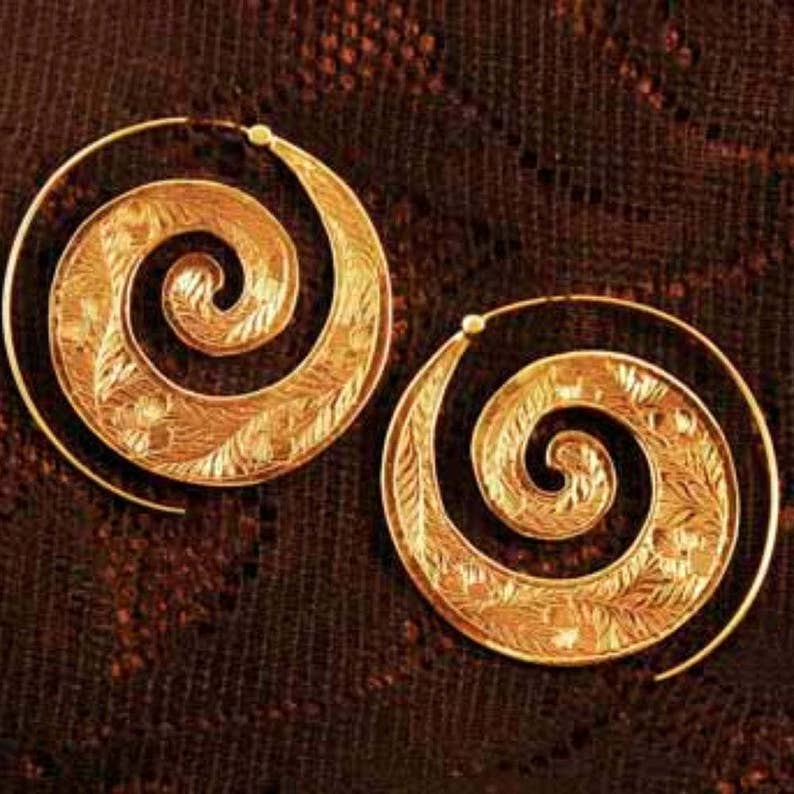 Large Brass spiral earrings engraved tribal spirals big hoops gold color ethnic design gypsy jewellery BE02 image 1