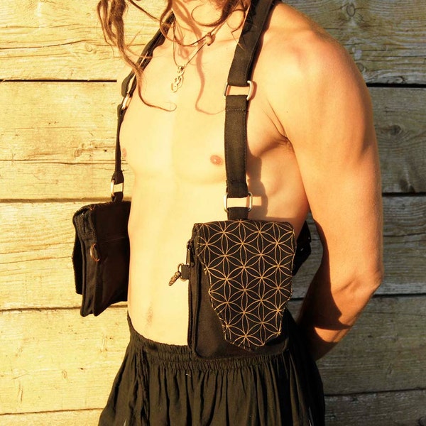 Festival Pocket utility holster Vest, shoulder holster bag pouch cotton canvas flower life sacred geometry print burning man fashion UB11F