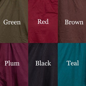 May include: Six fabric swatches in different colors: green, red, brown, plum, black, and teal.