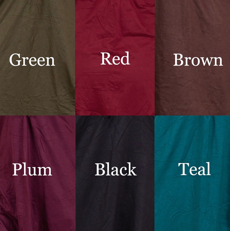 May include: Six fabric swatches in different colors: green, red, brown, plum, black, and teal.