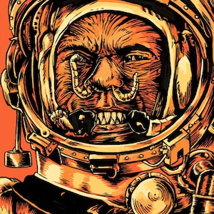 May include: A close-up of an astronaut's face, with a grotesque, monstrous appearance. The astronaut is wearing a yellow and orange spacesuit with a dark visor. The astronaut's face is covered in wrinkles and has a menacing expression. The astronaut's nose is long and thin, and the astronaut's mouth is open in a wide grin, revealing sharp teeth.