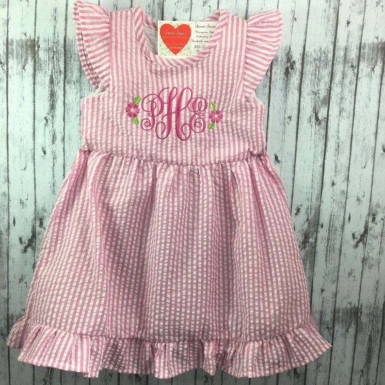 Girls Monogrammed Seersucker Ruffle Bottom Dress Spring Easter Dress Applique options Free shipping within 5 business days Embroidery