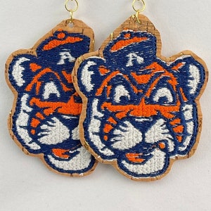 Vintage Tiger Game Day Earrings. Custom Embroidered on Cork Fabric