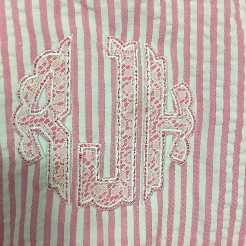 Girls Monogrammed Seersucker Ruffle Bottom Dress Spring Easter Dress Applique options Free shipping within 5 business days Embroidery