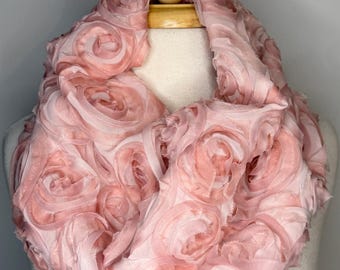 Blush Rose Cowl Scarf, Pink Floral Neck Warmer, Textured Rosette Infinity Scarf, Handmade Romantic Gift, Valentine’s