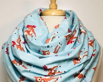 Vintage Reindeer Infinity Scarf, Loop Scarves, Snowflake, holly, Gift for Her, woodland, Deer Scarf, Employee Gift, Christmas