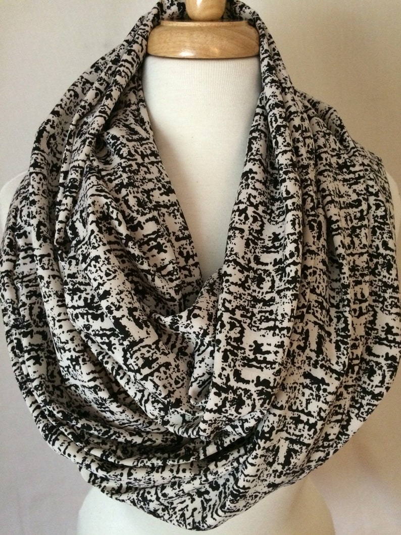 Black and Cream Silky Infinity Scarf Lightweight Tube Scarfs Scarves Fall Winter Gift for Her Simple image 1