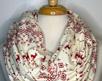 Fair Isle Scarf Nordic Scandinavian Christmas Sweater Infinity Scarf Red Scarves Christmas Loop Scarfs Gift for Her