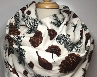 Pine & Pine Cone Christmas Infinity Scarf, Loop Scarves, Gift for Her, Greenery Winter