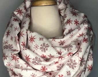 Red snowflake infinity scarf flannel Christmas gift for her loop scarves cotton