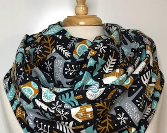 Christmas Infinity Scarf, Loop Scarves, Snowflake, holly, Gift for Her, woodland, Berries Scarf, ornament, Employee Gift, owl, Fox