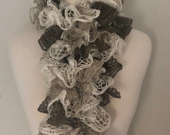 Knitted Fall Scarf Brown Cream Silver Grey Christmas Gift for Her Birthday Scarves