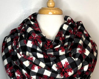Buffalo Plaid Red Snowflake Holiday Festive infinity scarf flannel Christmas gift for her loop scarves cotton
