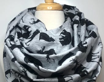 Reindeer, Moose, Elk, Bear, Deer, Wolf, Infinity Scarf, Deer, Soft & Warm, Flannel scarf, Loop scarves Wilderness Christmas Scarf, Grey gray