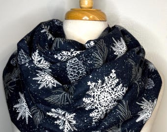 Blue Snowflake & Pine Cone Christmas Infinity Scarf, Loop Scarves, Gift for Her, Greenery Winter