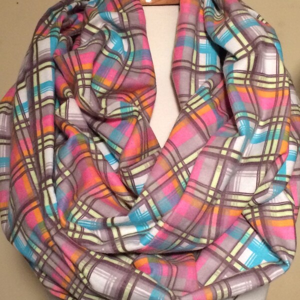 Plaid Scarf Infinity Scarfs Scarves Multicolored Flannel Loop Pink Turquoise Grey Gray Gift