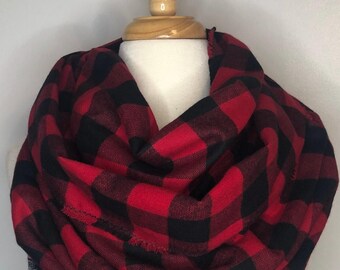 Buffalo Checkered Red Flannel Infinity Scarf Plaid Infinity Scarves Christmas Gift Gift for Her Lightweight