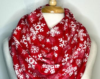 Red snowflake infinity scarf flannel Christmas gift for her loop scarves cotton